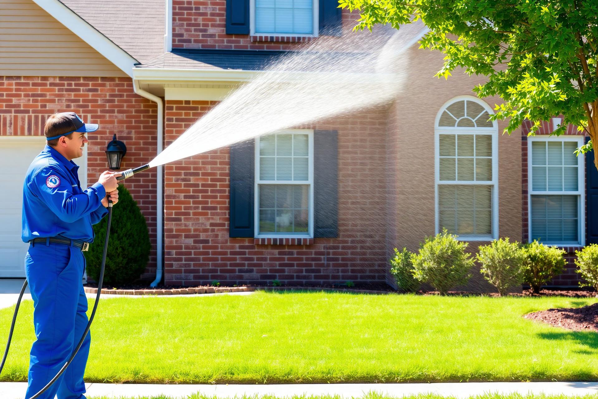 Roswell Pressure Washing technician soft-washing a brick home in Roswell, Georgia